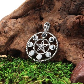 Moon Phase Pendant - Sterling Silver Moon Pentacle Pentagram Jewelry - 1 Inch Diameter