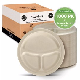 Ibambo Bamboo Disposable Compartment Plates - 9 Inch, 1000 Pack, Compostable