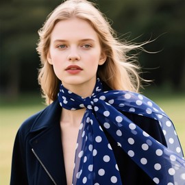 Hftjtsa Polka Dot-navy White 50s Chiffon Scarf Sheer Square Ribbon Neck Head Scarf for Women Fashion Headwrap Tie Scarves (Polka Dot-navy White)