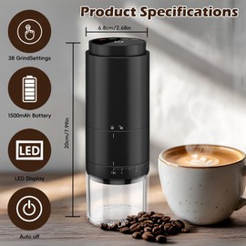 OUUTIIOL Portable Electric Coffee Grinder Rechargeable,Office 38 Adjustable Grinding Settings， LED Battery Indicator Shows Remaining Battery, Suitable for Travel, Camping, Office