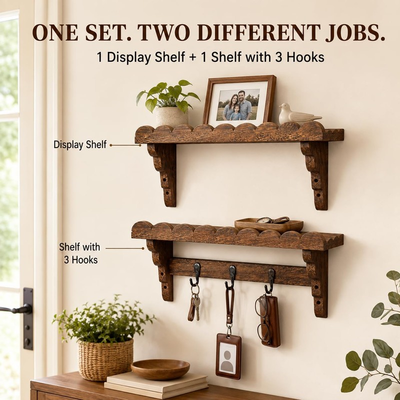 17-Inch Scalloped Rustic Wall Shelves Set of 2, Shelves for