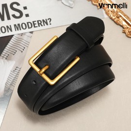 VONMELLI Women's Belt for Jean Dress, Black Leather Belt for Women Fashion Ladies Belt with Rectangle Gold Buckle Fit for Waist Size 32''-37''