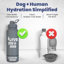 Dog Water Bottle for Dog Lovers - 32 oz Stainless Steel Double Wall Insulated Water Bottle with 8 oz Detachable Dog Bowl - Ideal Dog Lover Gift for Women for Christmas - “I Love My Dog” Smoky Grey