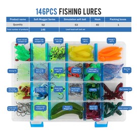 RoseFlower 146 Pieces Fishing Lure Kits Mixed Universal Artificial Soft Bait Sets Including Spinning Lures, Plastic Worms, Frogs, Single Hooks, Tackle Box - Freshwater Saltwater Fishing Equipment
