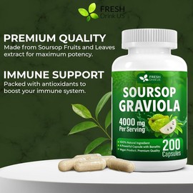 Premium 200 Soursop Capsules, 4000mg per Serving, 100 Days Supply – 100% from Natural Soursop Graviola Fruits and Leaves Extract, Vegan Capsules, Non-GMO, Gluten-Free. Edible Supplement