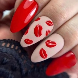 Valentine’s Day Press on Nails Almond Fake Nails Glossy Medium Length Acrylic False Nails with Red Lips Designs Full Cover Red Glue on Nails Valentine’s Day Stick on Nails for Women Girls Manicure