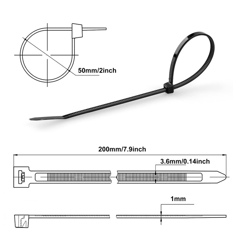 MEKEET Small Cable Ties Black 100 Pack - 200mm x