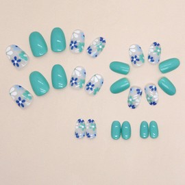 Short Press on Nails Oval Fake Nails Green Nails Press ons Glossy Glue on Nails Daily Wear Nature Acrylic Nails Summer False Nails with Flower Designs Artificial Stick on Nails for Women 24Pcs