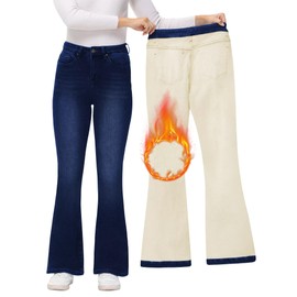 AMRSPENG Women's Lined Bottom Wide Leg Flare Jeans Fleece Jeans Winter Warm Thermal Flannel Lined Pants High Waist Flare Jeans Y2K Denim Winter Jeans for Women 2023,Navy, Size 4