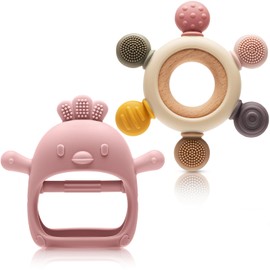 CAHILON 2 Packs Baby Teething Toy for 0-6 6-12 Months, Food Grade Silicone Teething Mitten and Silicone Rudder with Wooden Ring, BPA-Free, Baby Chew Toys for Sucking Needs