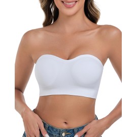 ANGOOL Women's Strapless Bra Without Underwire Push Up Bra Without Straps Fixed Padding Bandeau Top Women's Seamless with Transparent and Primary Coloured Straps, White, S