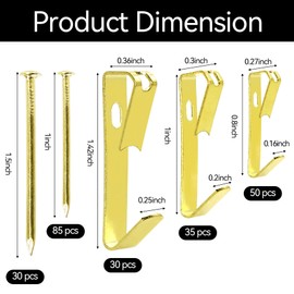 230 Pieces Picture Hanging Kit, 10lb, 30lb, and 50lb Picture Hangers, Metal Picture Hanging Hooks with Nails for Drywall, Wooden Wall(Gold)