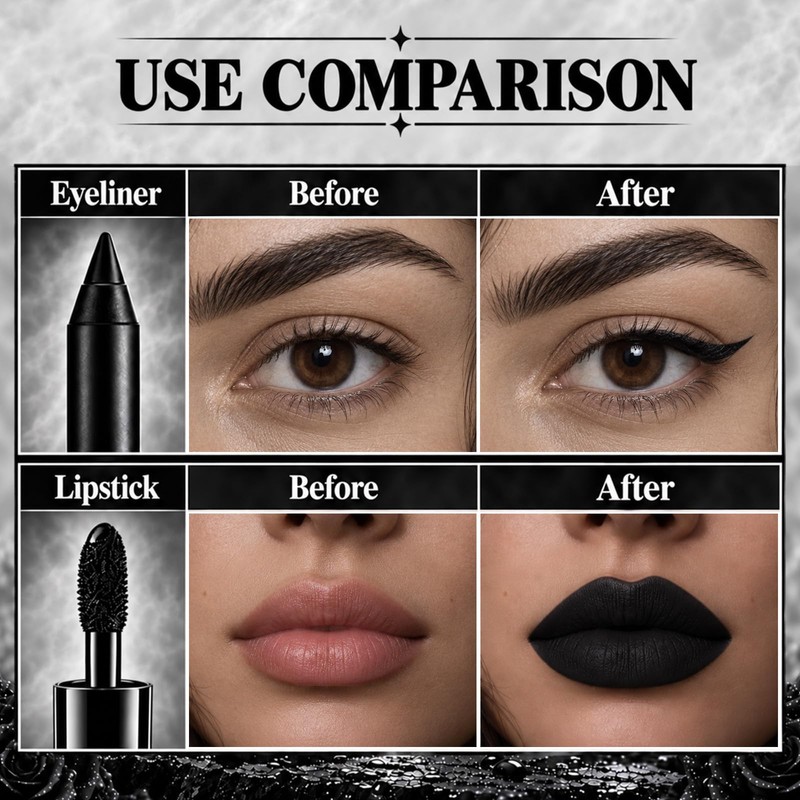 3PCS Black Lipstick Lipliner Lip Gloss Set for Halloween Makeup