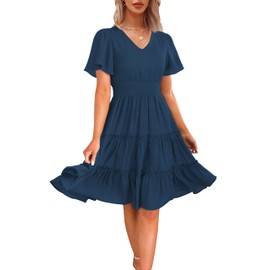 Zattcas Women 2025 Sping Summer Dress Short Sleeve V Neck Smocked Casual Flowy A Line Tiered Modest Teacher Work Graduation Wedding Guest Midi Dress Navy Blue L