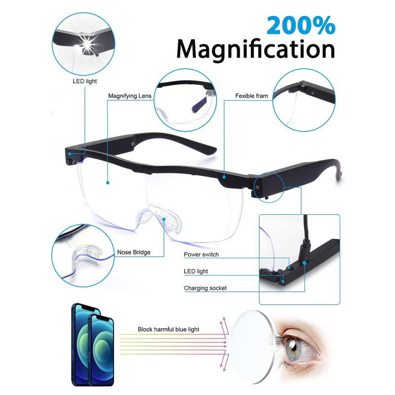 OKH 200% Magnifying Glasses with Light, Rechargeable LED Lighted Magnification