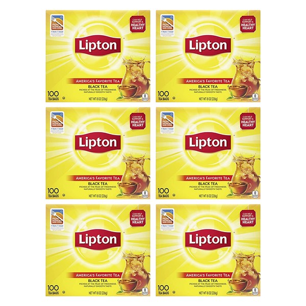 Lipton Tea Bags For A Naturally Smooth Taste Black Tea Can Help Support a Healthy Heart 8 oz 100 Count, Pack of 6