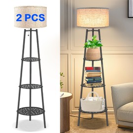 ZQQLITE 2 PCS Black Floor Lamp with Shelves for Living Room， Standing Lamp，Tall Lamp， Amparas Elegantes para Sala with Linen Shade，Modern Floor Lamp for Living Room，Bedroom or Office（Black Floor Lamp）