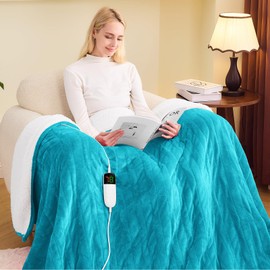 greenoak Heated Blanket Electric Twin 62"X84", Heating Blanket with 10 Levels 1/2/4/6/8 Hours Auto-Off Overheat Protection, Flannel Sherpa Soft Warm Heater, ETL Certified Aqua Green