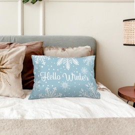 kdqua Blue Christmas Winter Pillow Covers 12x20, Hello Winter Snow Snowflake Merry Xmas Decorations Throw Pillow Cover, Winter Seasonal Cushion Covers for Sofa Bedroom Decor (Blue-Hello Winter)