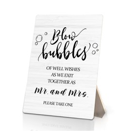 Blow Bubbles Wedding Sign, Mr. and Mrs. Newlyweds Blow Bubbles Wooden Stand Sign 5x7 Inch, Wedding Signs Decorations for Ceremony and Reception Party Table Desk Decor