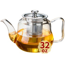 Glass Tea Pot with Infuser and Lid, Heat Resistance Borosilicate Glass Tea Kettle for Gas Stovetop, Suit for Blooming and Loose Leaf Tea, 32 fl oz