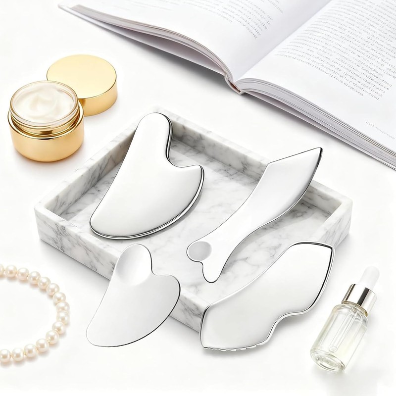 Kit de 4 Gua Sha Facial de Acero Inoxidable Con
