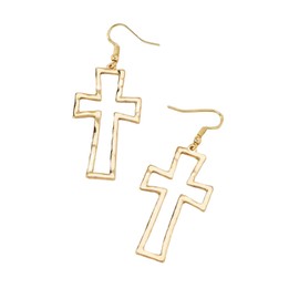 Gold-Tone Cross Dangle Earrings, Hollow Design, Fish Hook