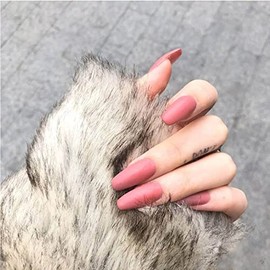 Bufenia 24 Pieces False Nails Frosted Ballerina Coffin Press On Nails Pure Color Medium Length Acrylic Nails for Women and Girls (Bean Paste)