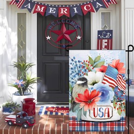 4th Of July Floral Garden Flag For Outside 12×18 Inch Double Sided Welcome Flowers Memorial Day Independence Day American Garden Flags For Lawn Yard Outdoor Patriotic Garden Decor