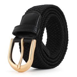 JASGOOD Braided Canvas Stretch Belt Elastic Casual Belt for Men Women with Gold Buckle,Junior 1.3 Inch Wide,Black