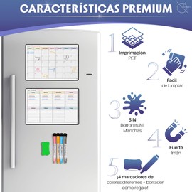 YSANCOR® Magnetic Fridge Calendar, Monthly or Weekly Planner + 4 Felt Tip Pens and 1 Eraser | Options in A4 and A3 Sizes | Ideal as a Weekly Planner (Monthly + Weekly