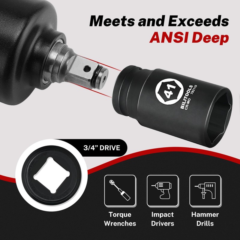 BILITOOLS 3/4" Drive Deep Impact Socket,41mm Socket Metric, 6-Point Axle