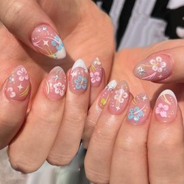 24Pcs Summer Flower Fake Nails White French Press on Nails Short Almond Glossy Artificial Acrylic Nails Reusable for Women DIY Blue Pink White Spring Summer Floral Manicure Supplies