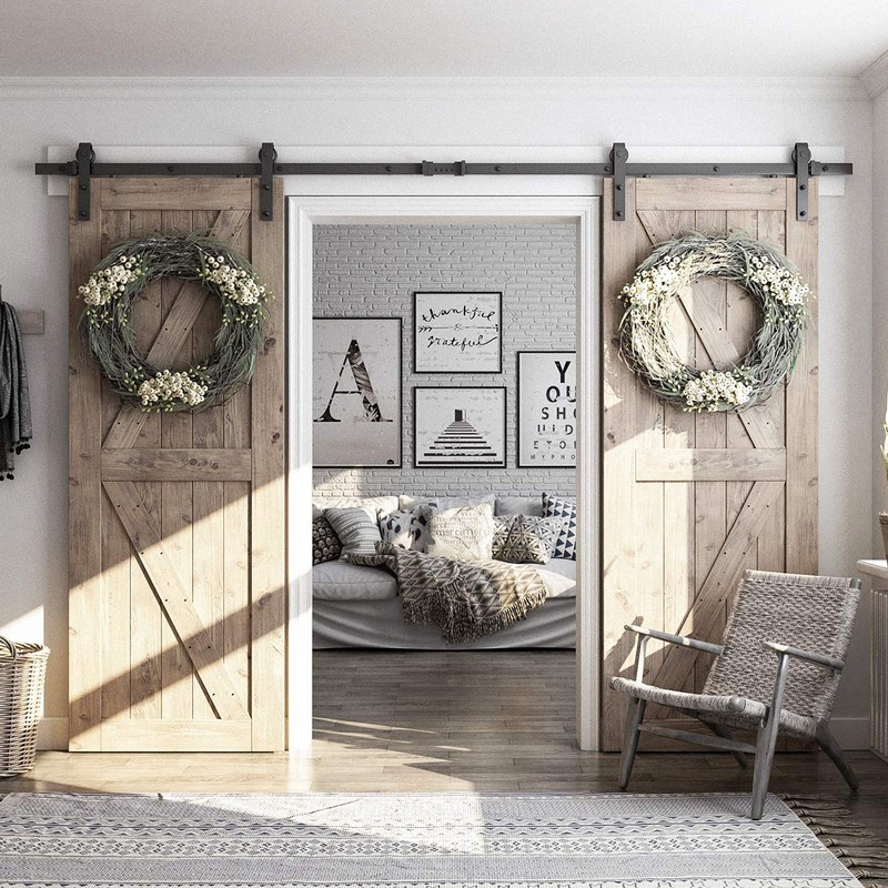 SMARTSTANDARD 10FT Double Barn Door Hardware Kit, Sliding Door Track-Smoothly