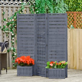 Outsunny Freestanding Outdoor Privacy Screen, 4 Self-Draining Planters/Raised Garden Beds, 3 Hinged Panels for Hot Tub, Patio, Backyard, Deck, Gray