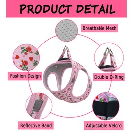 Moonpet Step in Air Dog Harness Leash Set- All Weather Reflective No-Pull Floral Pattern Padded Mesh Vest Harness for Cats Puppy Extra-Small Small Medium Large Dogs Heart Rose XXS