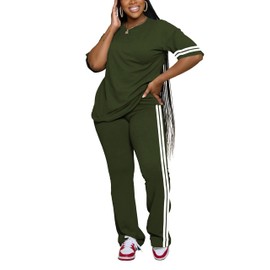 Aomice Women's 2 Piece Outfits Crewneck Short Sleeve Tops and Flare Pants Lounge Sets Tracksuit Green XL