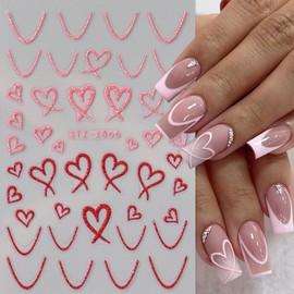 6 Sheets Heart Nail Stickers for Nail Art Valentine's Day Nail Art Stickers 3D Self-Adhesive Love Stickers French Tip Nail Decals with Glitter Nail Art Supplies for Women Girls Acrylic Nails DIY