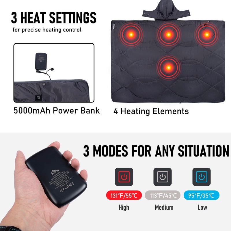 iClimb Heated Camping Blanket with Hood and Battery Pack (Dark