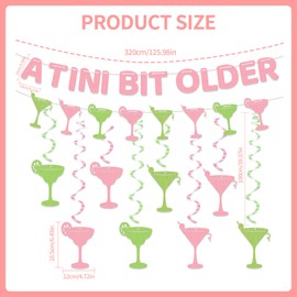A Tini Bit Older Martini Party Decorations, Tiny Bit Older Fun Pink & Green Birthday Banner for Women with Hanging Swirls, Cocktail Themed Party Decor Supplies