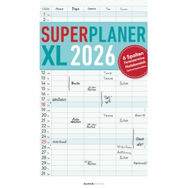 Superplaner XL 2026 6 Spalten - Familien-Timer 26x45 cm - Offset-Papier - mit Ferienterminen - Wand-Planer - Familienkalender - Alpha Edition