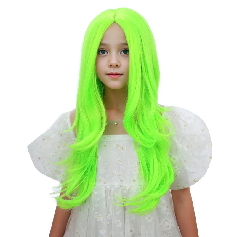 Edivd-Peluca verde neón para niñas, peluca larga verde ombré con
