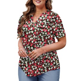 Plus Size Tops for Women Summer Pleated Puff Sleeve Chic Notched V Neck XL Floral Printed Shirts FL09
