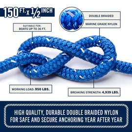 RainierSupplyCo Boat Anchor Rope - Double Braided Marine Rope Anchor Line - 150 ft x 1/2 Inch Nylon Boating Line with 316 Stainless Steel Thimble and Heavy Duty Marine Grade Bow Shackle - Royal Blue
