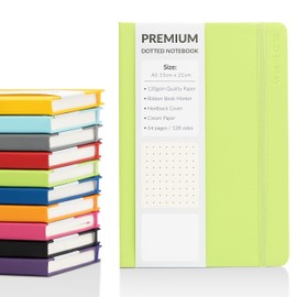 Bullet Journal A5 Dotted Notebook with Faux Leather Hardback Cover and Premium 120gsm Thick Dot Grid Paper (128 Cream Pages, Lime)