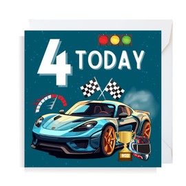 Second Ave Racing Car 4th Birthday Age 4 Square Children's Kids Birthday Greeting Card for Boy or Girl