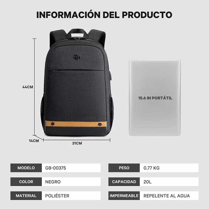 HC Life Mochila Casual Antirrobo Cómoda Urbana Carga Usb Lap