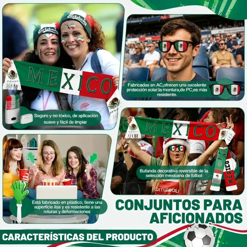 Set 6 Piezas Hincha Mexicano, Kit Para Futbol Y Celebracione