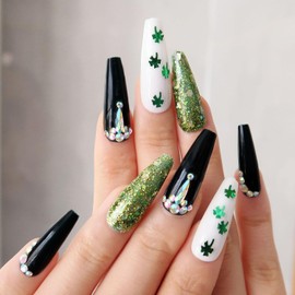 St. Patrick's Day Press on Nails Square Clover Artificial Medium Rhinestone Fake Nails with Green Clover Glitter Designs Shamrocks Full Cover Acrylic Ireland False Nails Glue Fingernails for Women
