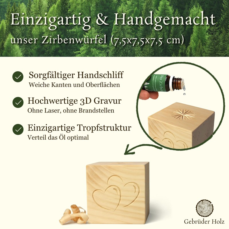 Zirben-Würfel Duft-Set | Zirbenholz-Würfel mit Motiv und Tropfstruktur + Zirben-Öl